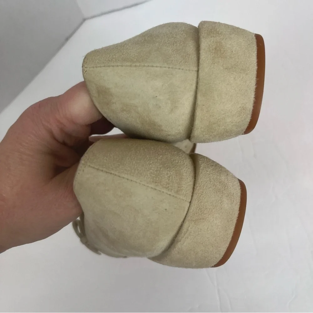 Studio Delman square toe cream/tan shoe with suede & woven floral uppers-10 - Picture 7 of 13